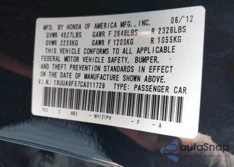 2012 Acura Tl 3.7 из США, поврежденный, VIN 19UUA9F57CA011728